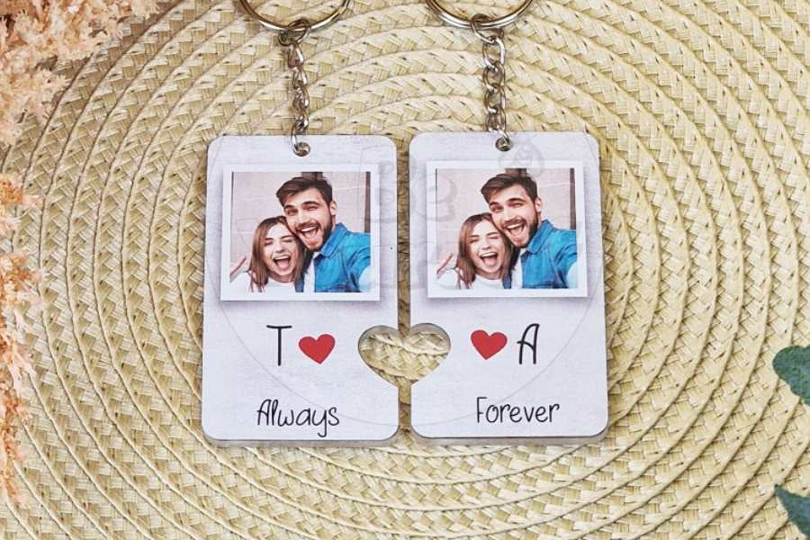 Personalised Couple Photo Keyring Set – Matching “Always & Forever” Heart Keychains